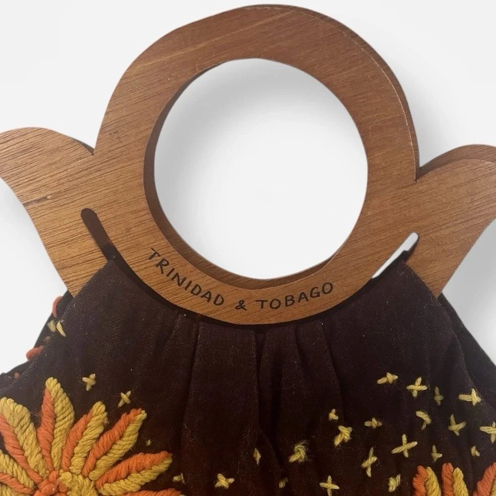 Vintage Tote Bag Boho Floral Brown Fabric Wood Handles‎ Embroidered Flowers